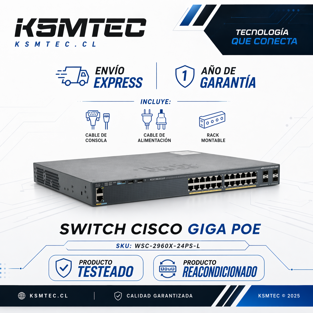 Cisco Catalyst 2960-X Series 24 Port 370W PoE+ Switch, WS-C2960X-24PS-L, Refurbished, Original